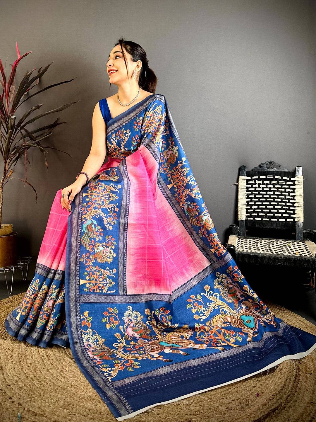 Rani Pink Pen Kalamkari Saree