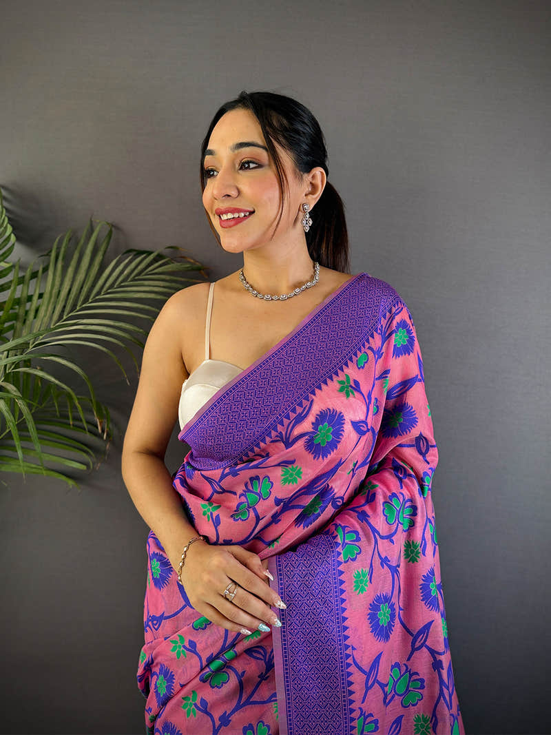 Fuchsia Dhakai Jamdani Cotton Silk Saree