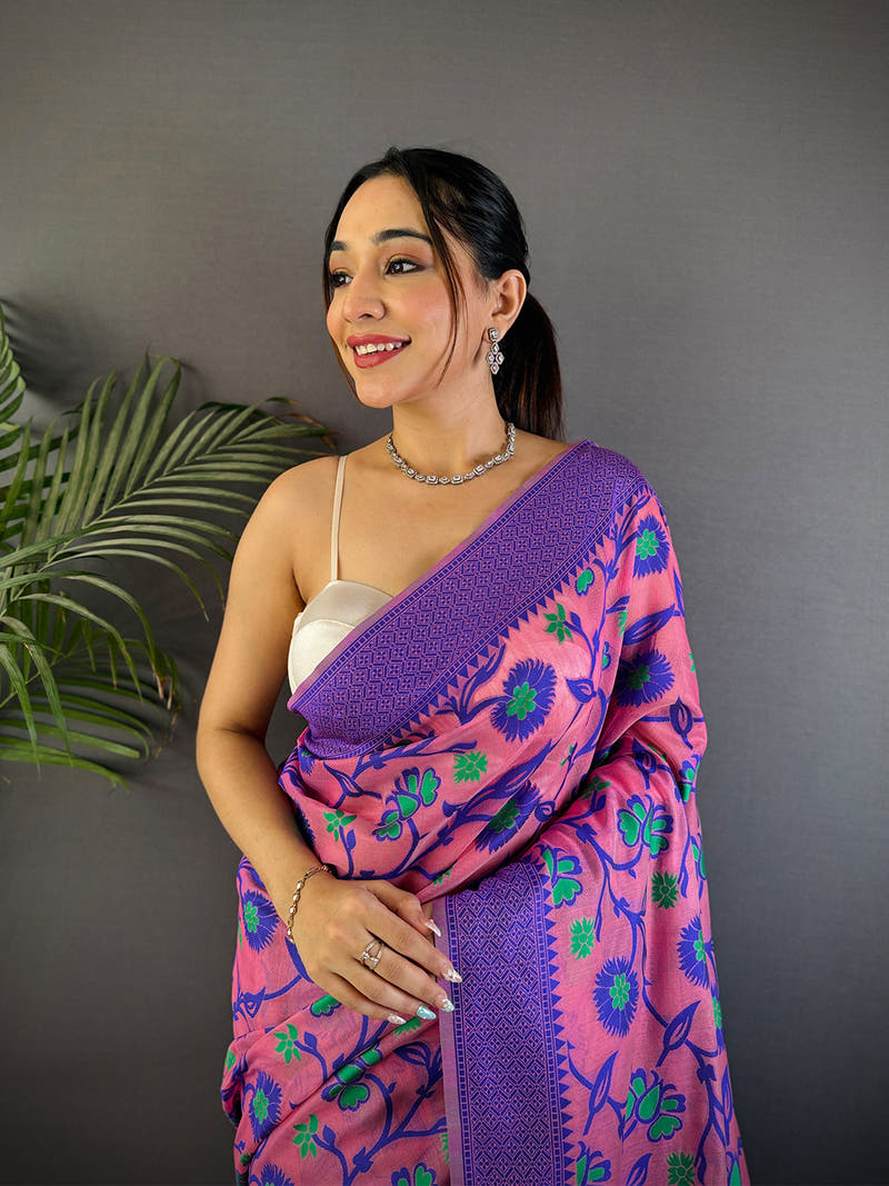 Fuchsia Dhakai Jamdani Cotton Silk Saree