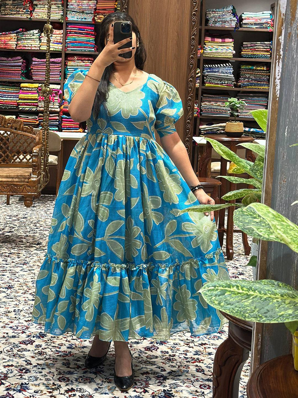 Torpical Teal Floral Print Midi Dress with puff sleeves