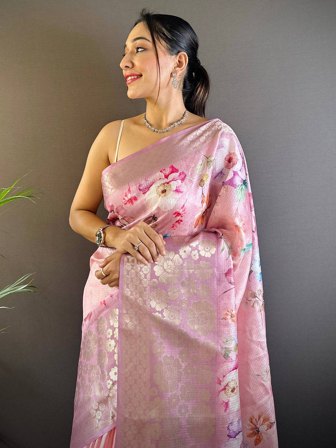 Rose Pink Kota Doriya Zari Floral Kanchi Border Saree