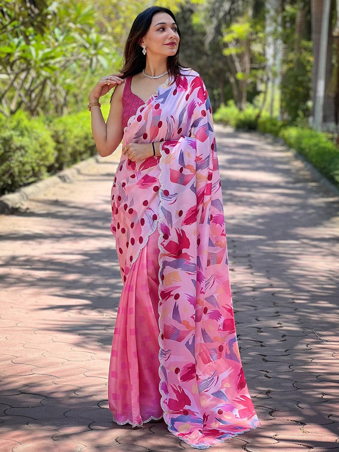 Elegant Pink Batik and Polka Dots Print Saree, garden path