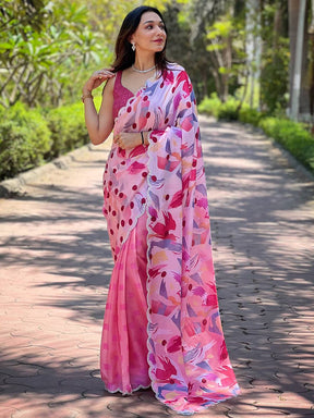 Pink Batik And Polka Dots Print Saree

