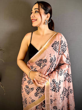 Soft Tussar Ghicha Black Floral Print Saree