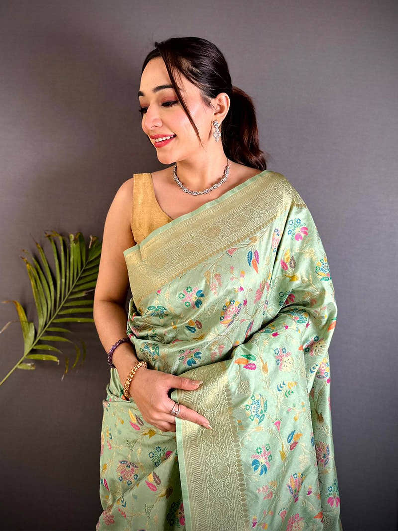 Pista Banarasi Minakari Floral Silk Saree