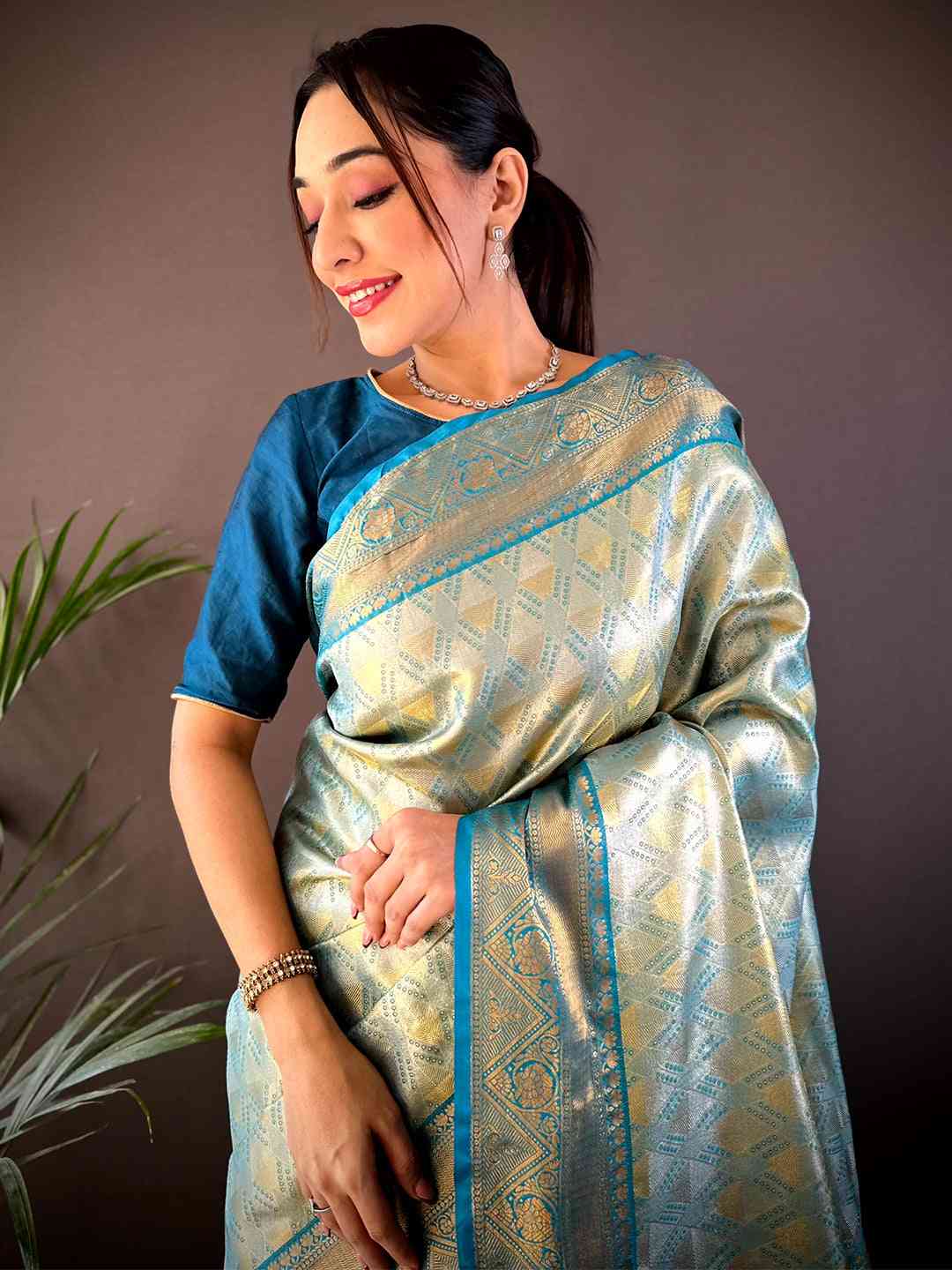 Rama Golden Geometrics With Floral Elegance Saree