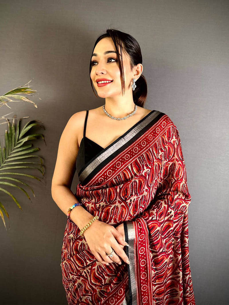 Red Ikkat Ajrakh Print Viscose Saree