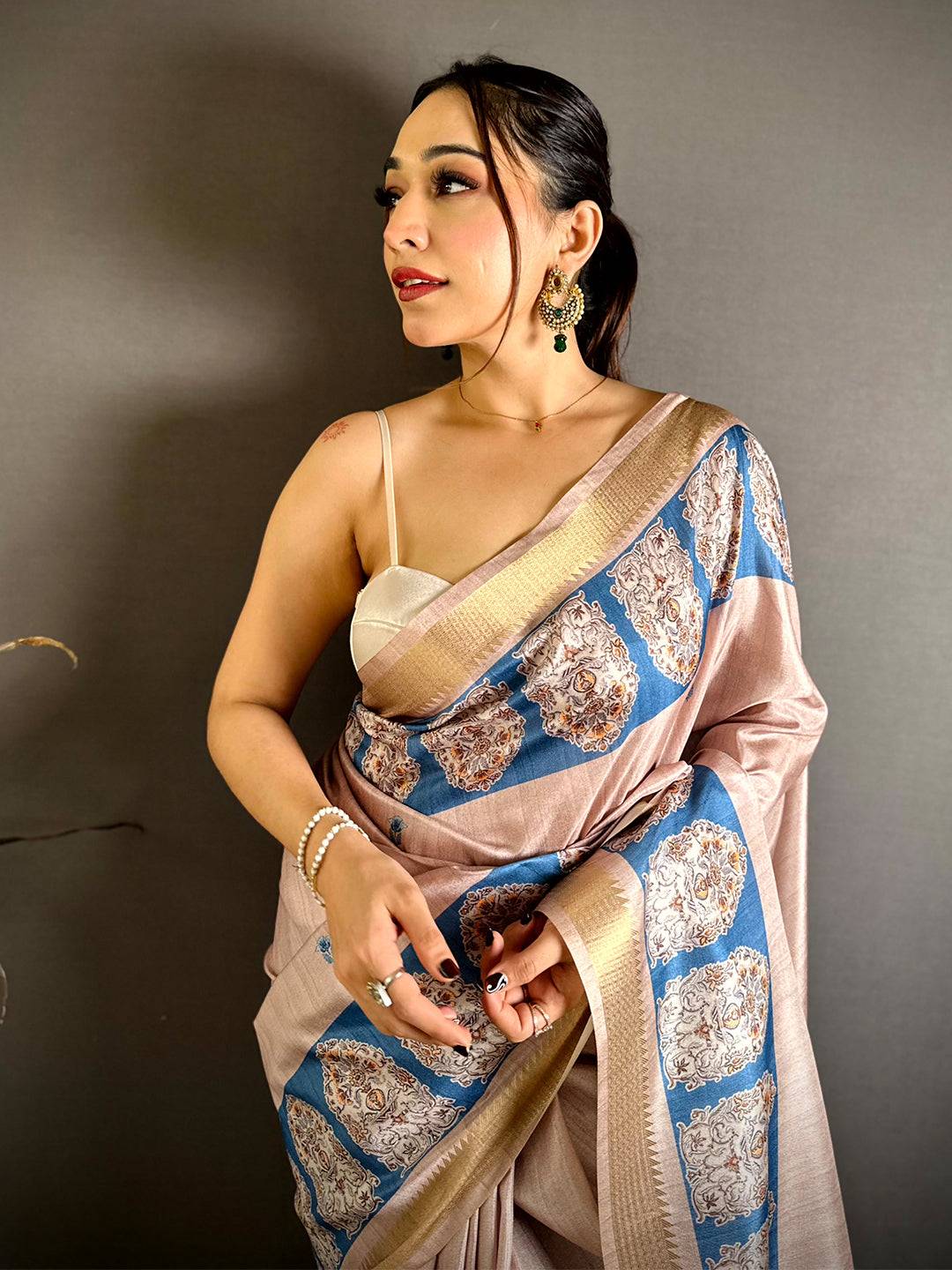 Elegant Tussar Slub Ghicha Ajrakh Saree