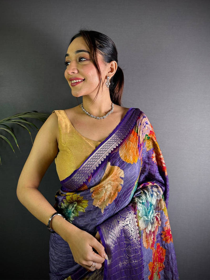 Violet Pure Viscose Kalalmkari Print Saree

