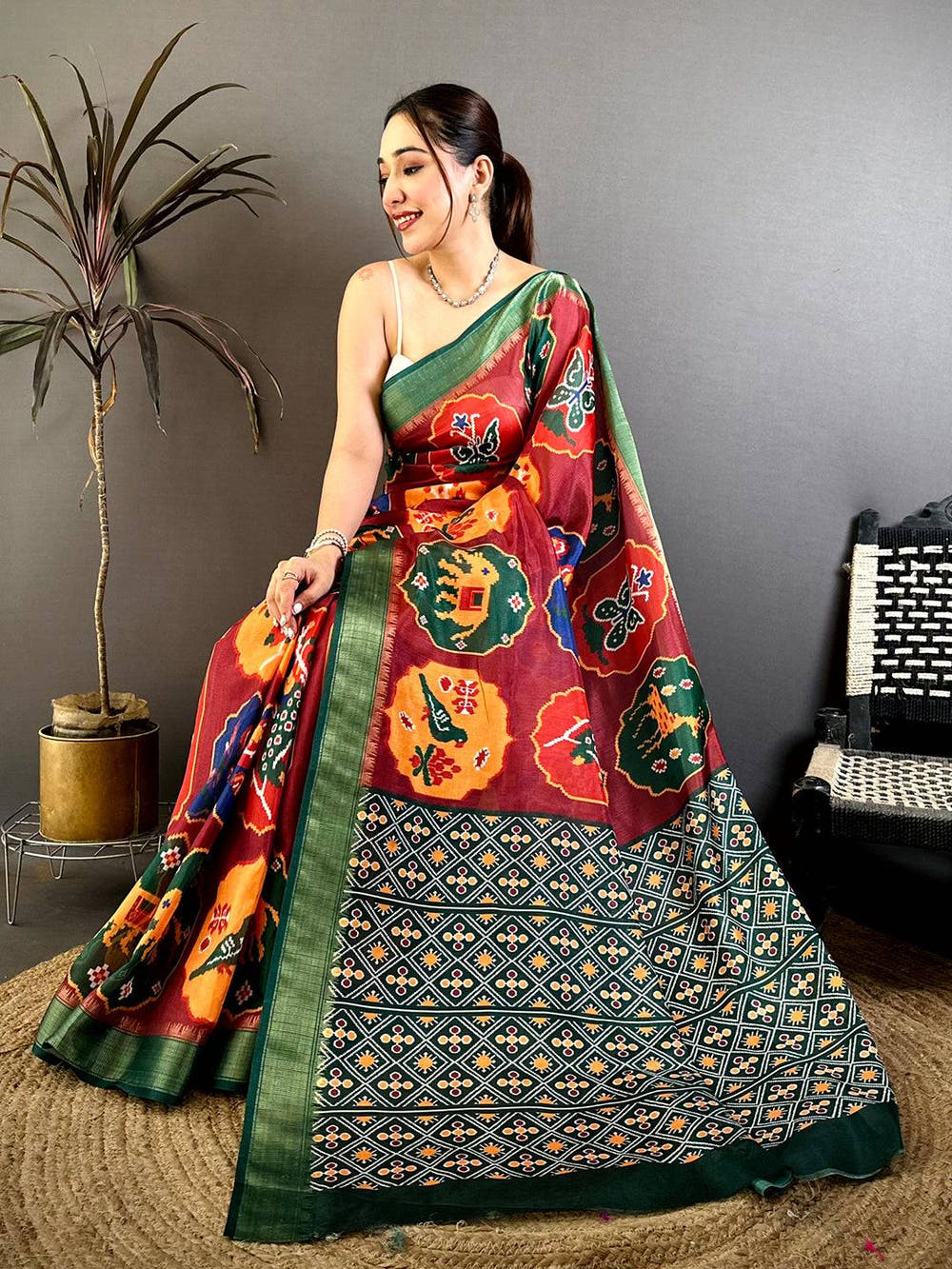 Maroon Soft Dola Big Ikkat Minakari Print Saree
