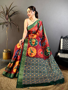 Maroon Soft Dola Big Ikkat Minakari Print Saree