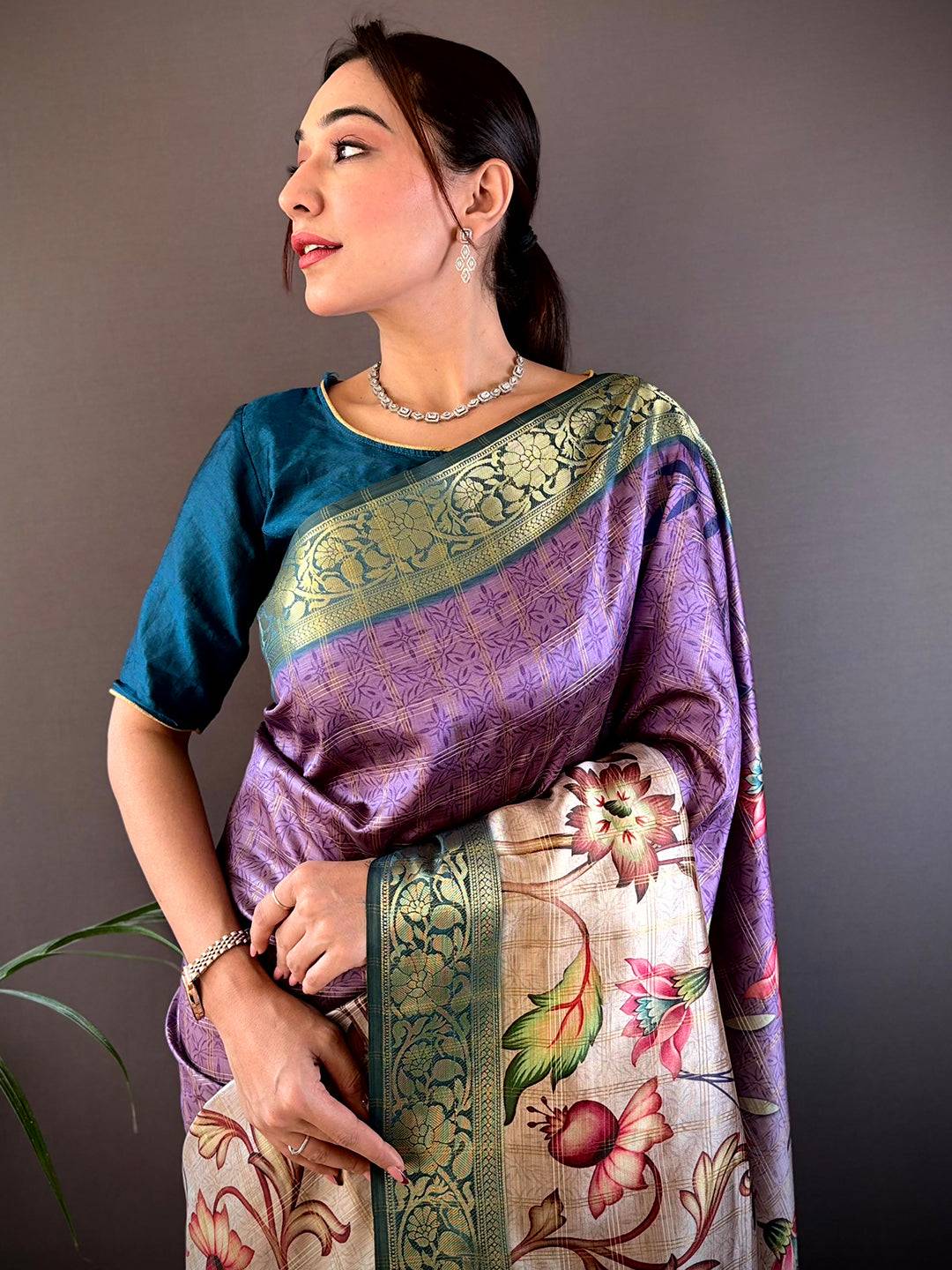 Purple Ombre Floral Digital Print Saree