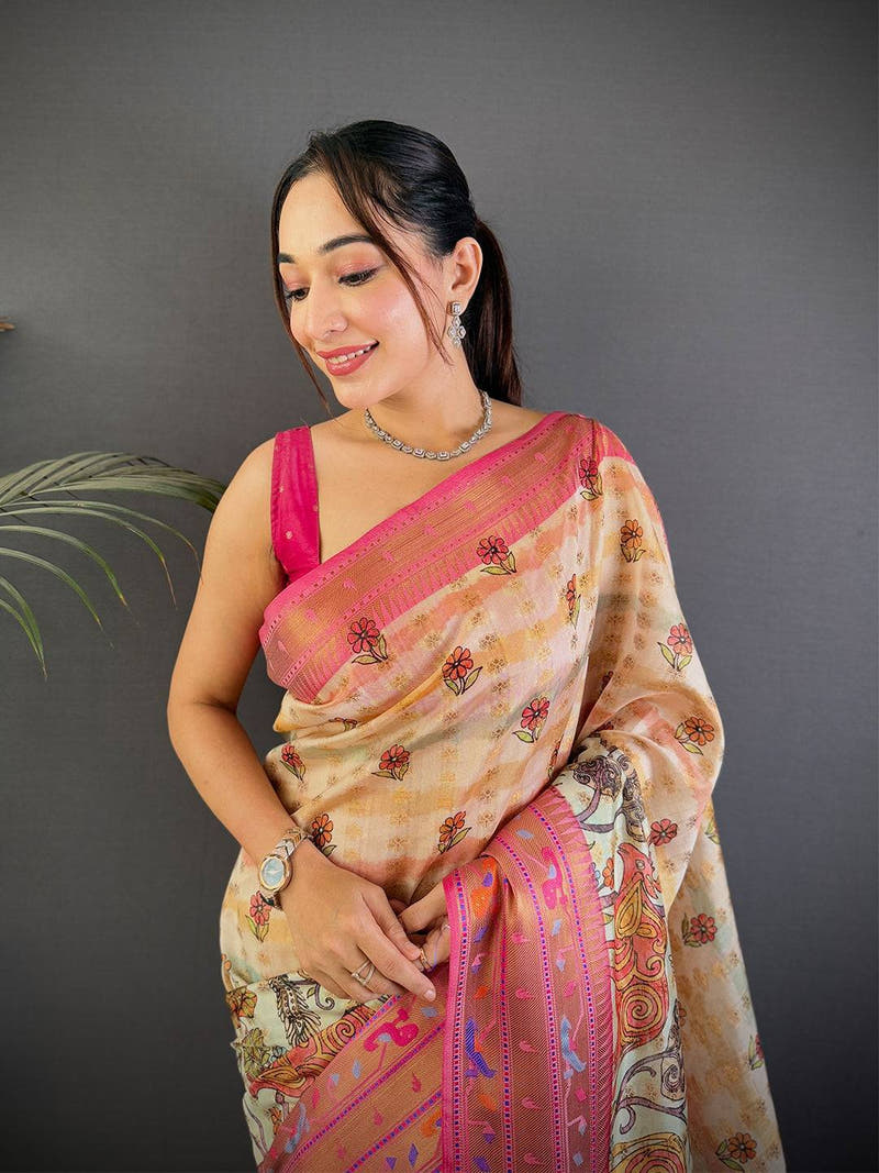 Elegant Kalamkari Printed Tissue Saree

