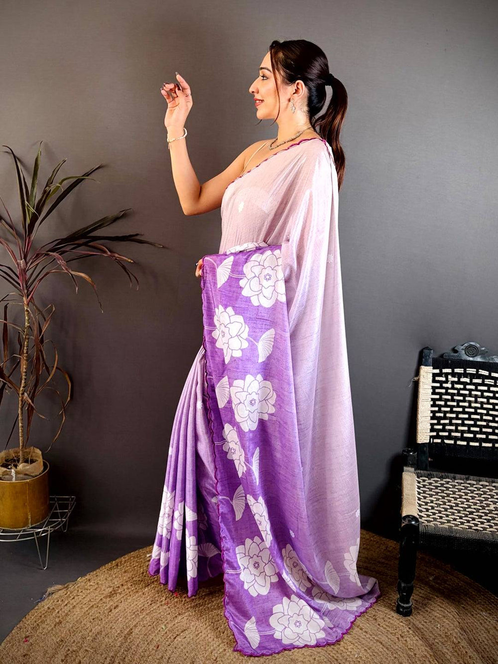 Classic Floral Print Embroidered Chinnon Saree