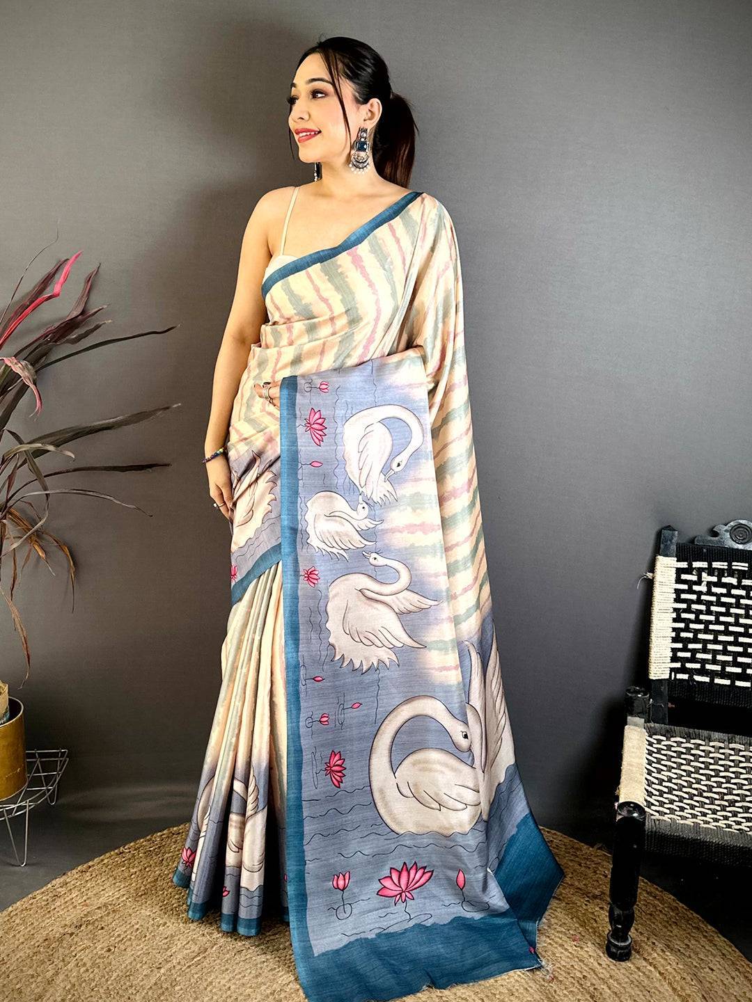 Radiant Soft Tussar Swan Print Saree