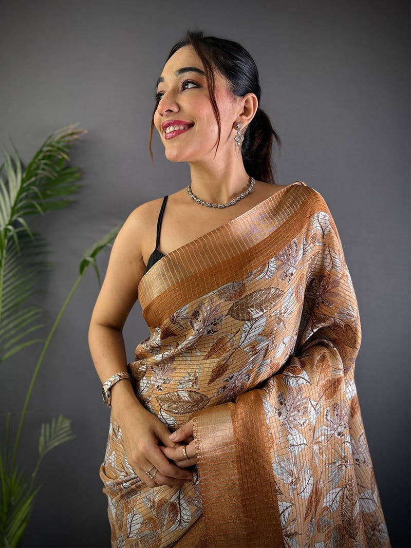 Camel Brown Tussar Chex Floral Print Saree

