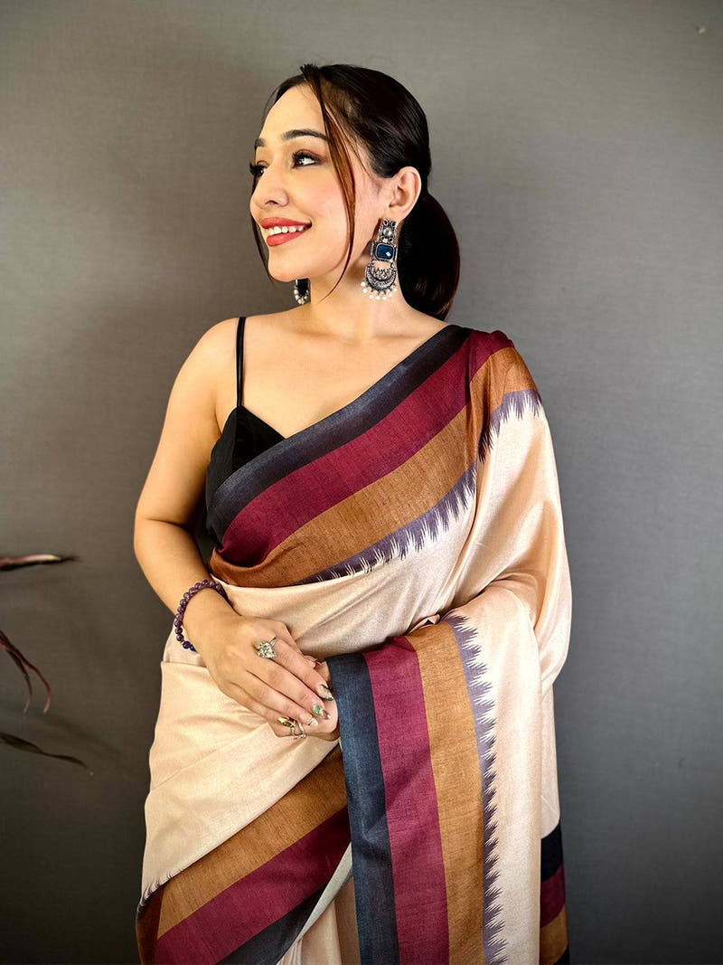Elegant Tussar Ikat Temple Border Saree