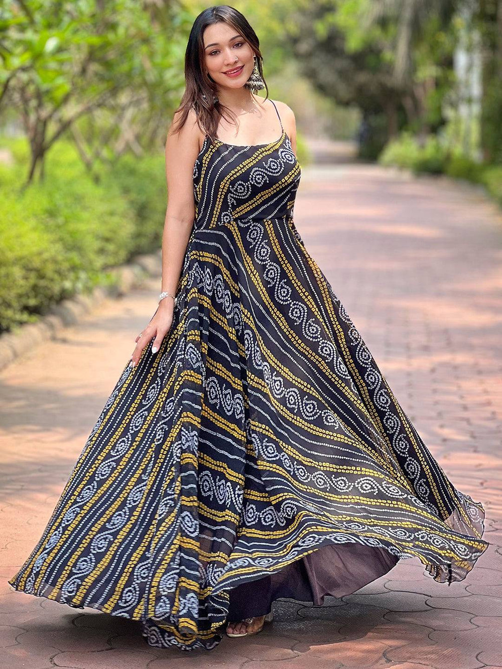 Raven Black Printed Bandhej Dress flowing elegantly