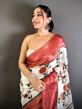 Coral Soft Dola Floral Print Gadwal Border Saree
