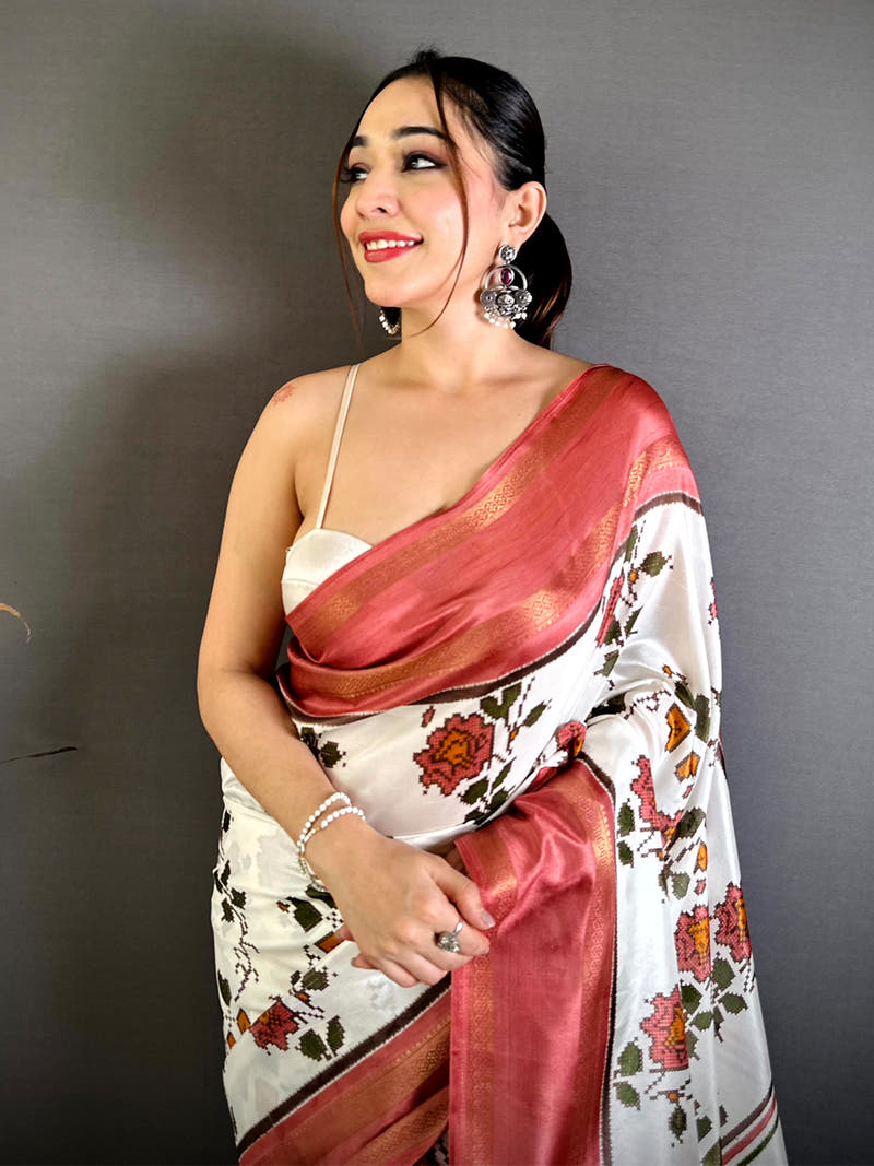 Coral Soft Dola Floral Print Gadwal Border Saree