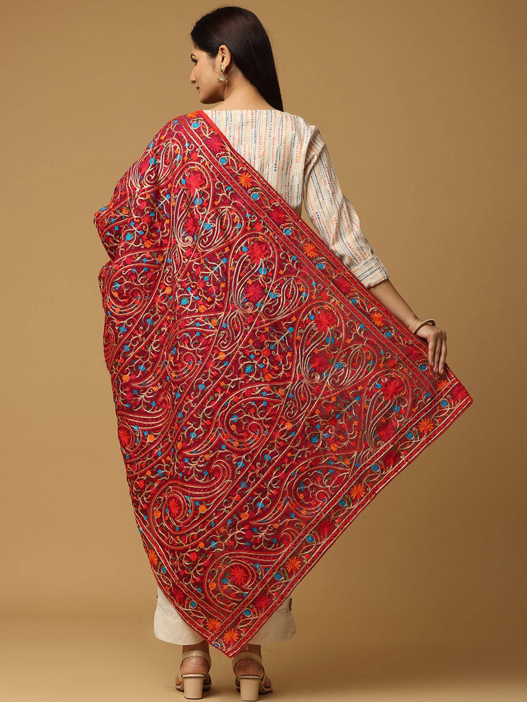 Back view of wine poly chiffon pashmina dupatta with embroidery