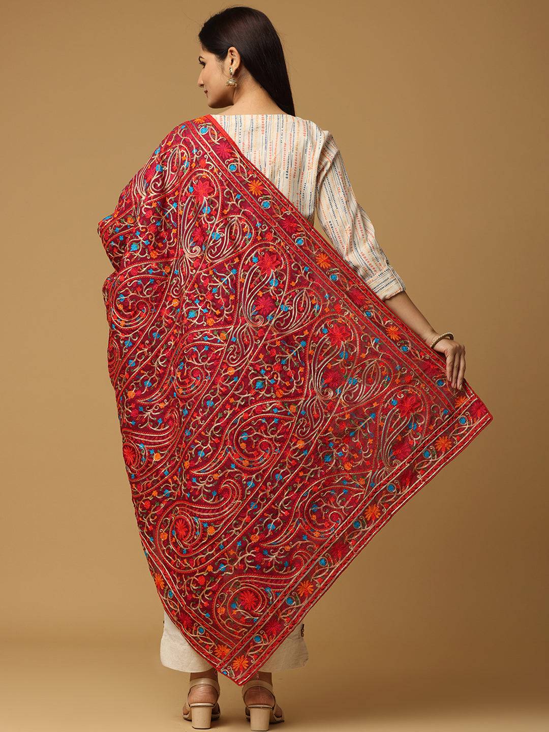 Beautiful Wine Poly Chiffon Pashmina Threadwork Dupatta