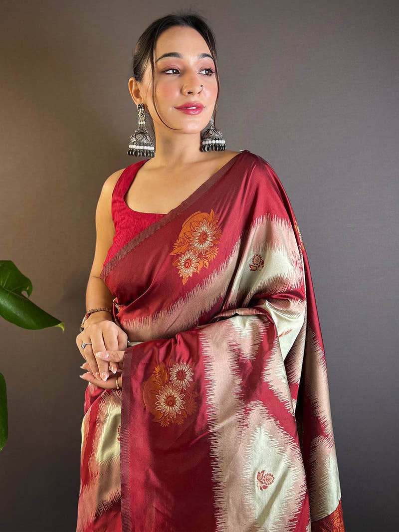 Maroon Tussar Silk Ikkat Weaving Saree