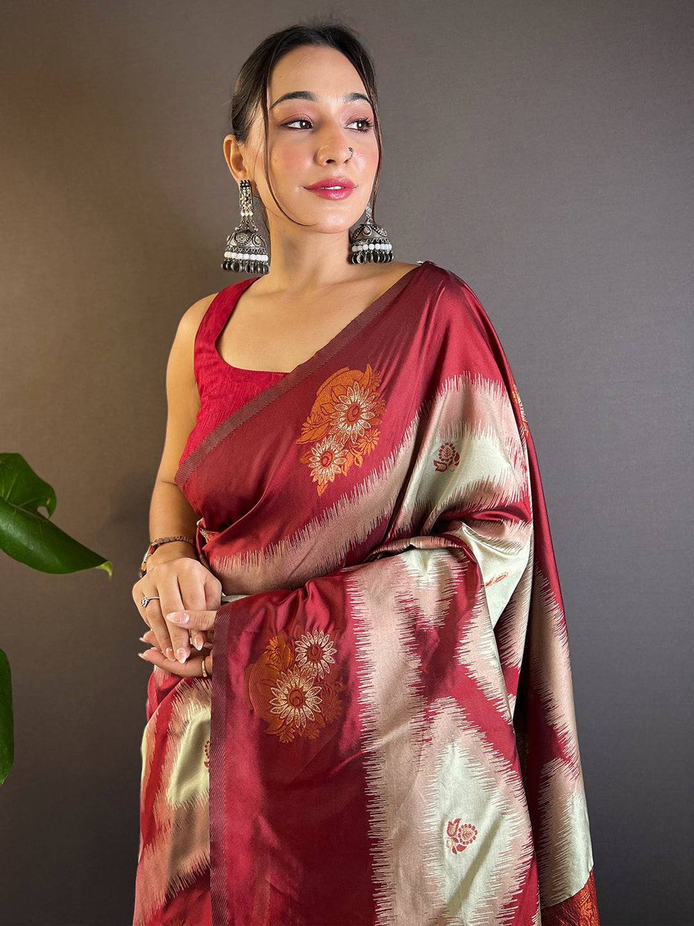 Maroon Tussar Silk Ikkat Weaving Saree with intricate border