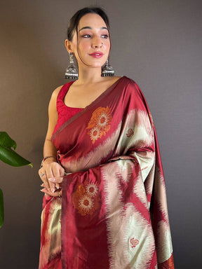 Maroon Tussar Silk Ikkat Weaving Saree


