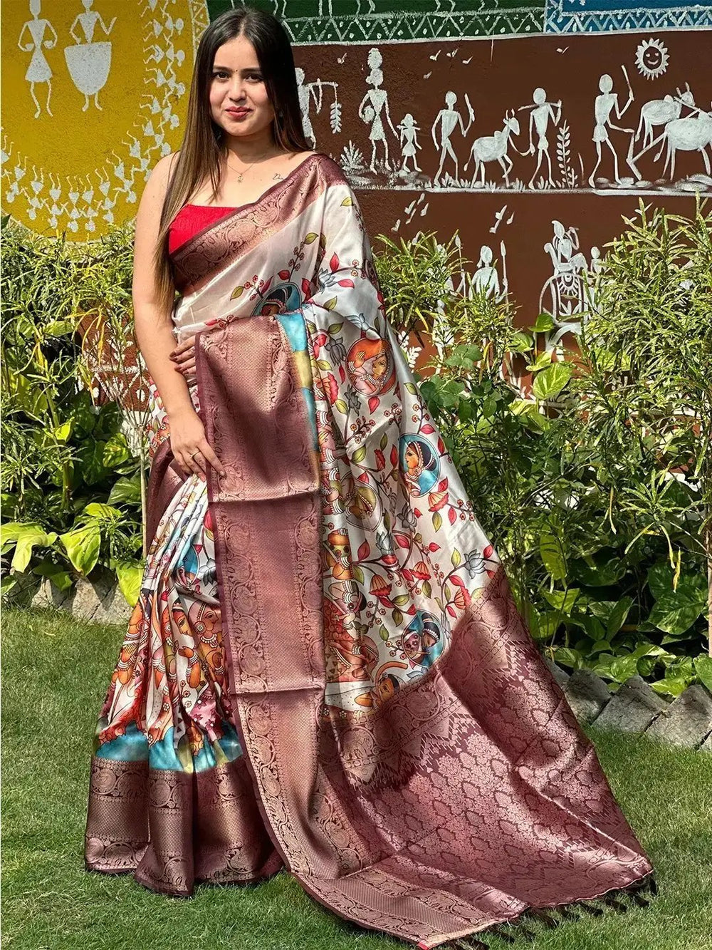 Chic Kalamkari Saree featuring detailed digital artwork