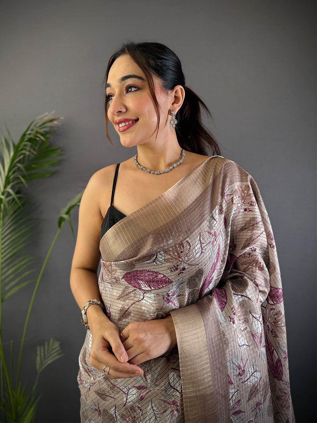 Taupe Tussar Chex Floral Print Saree