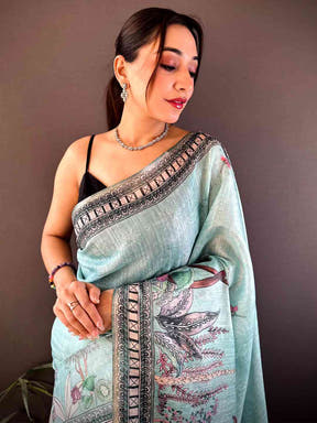 Sky Blue Tussar Floral Leaf Print Saree