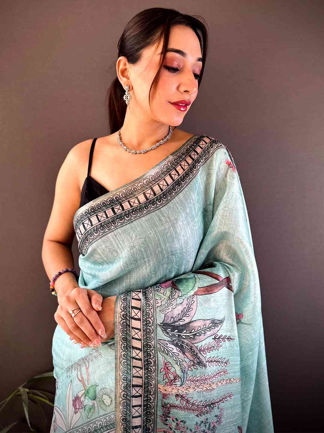 Sky Blue Tussar Floral Leaf Print Saree