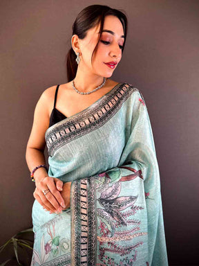 Sky Blue Tussar Floral Leaf Print Saree