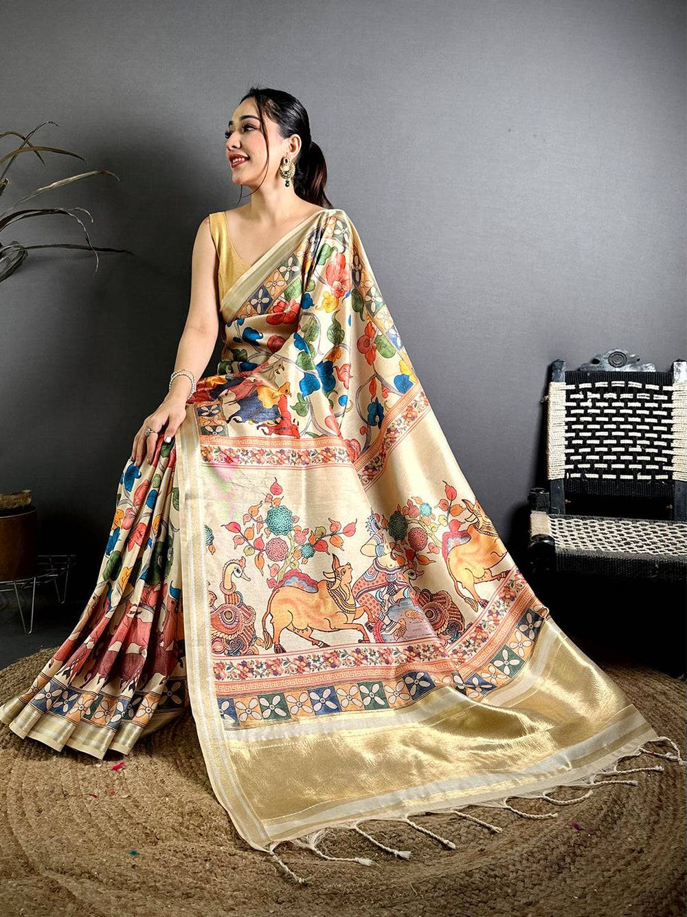 Vibrant Gaji Lakda Patta Kalamkari Saree