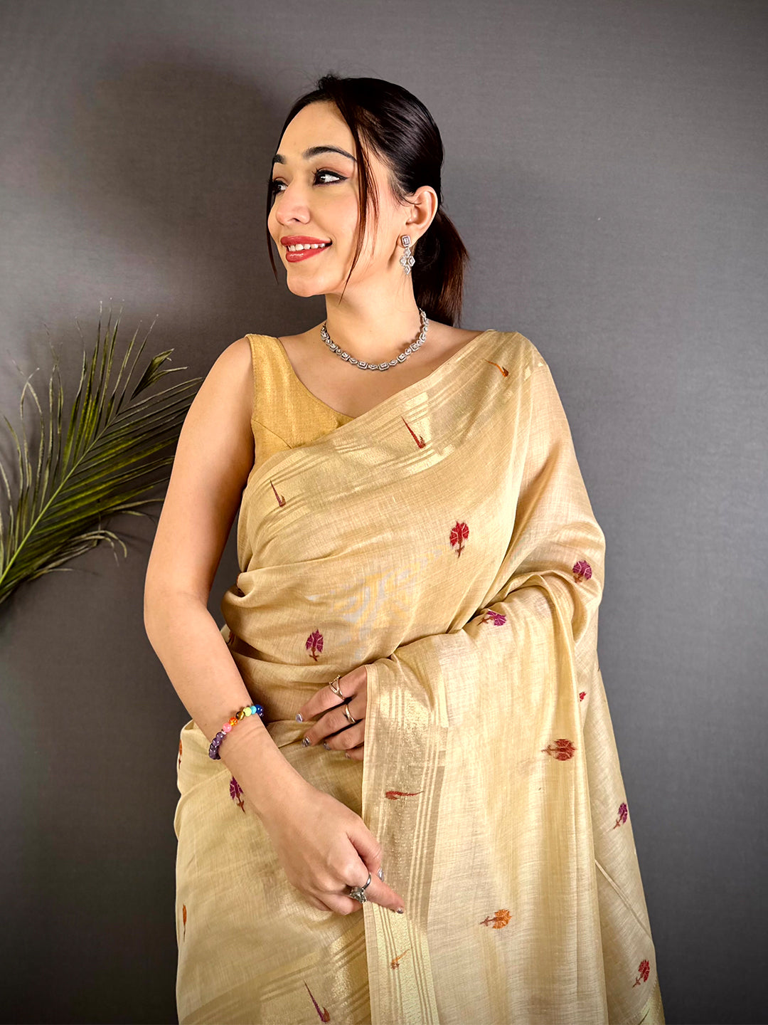 Cream Geometric Patola Khadi Linen Saree