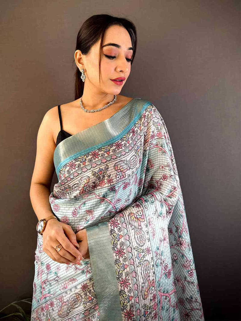 Mint Green Chanderi Madhubani Black Chex Saree