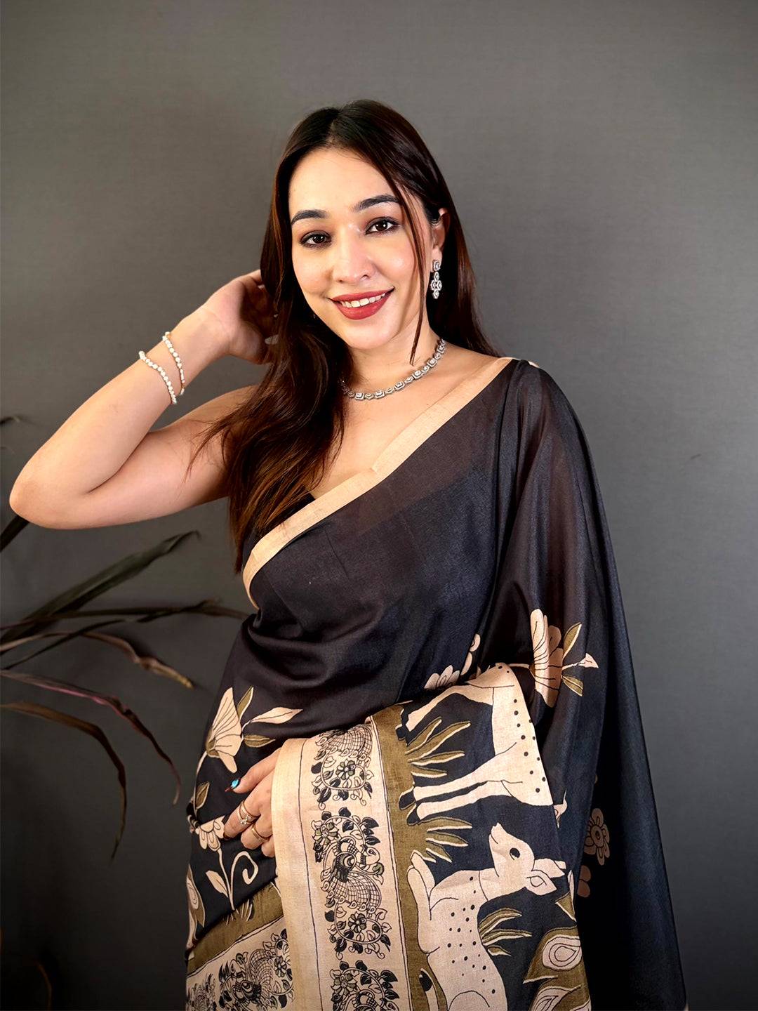 Royal Black Printed Soft Tussar Saree