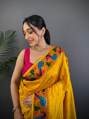 Mustard Yellow Yeola Paithani Soft Silk Saree
