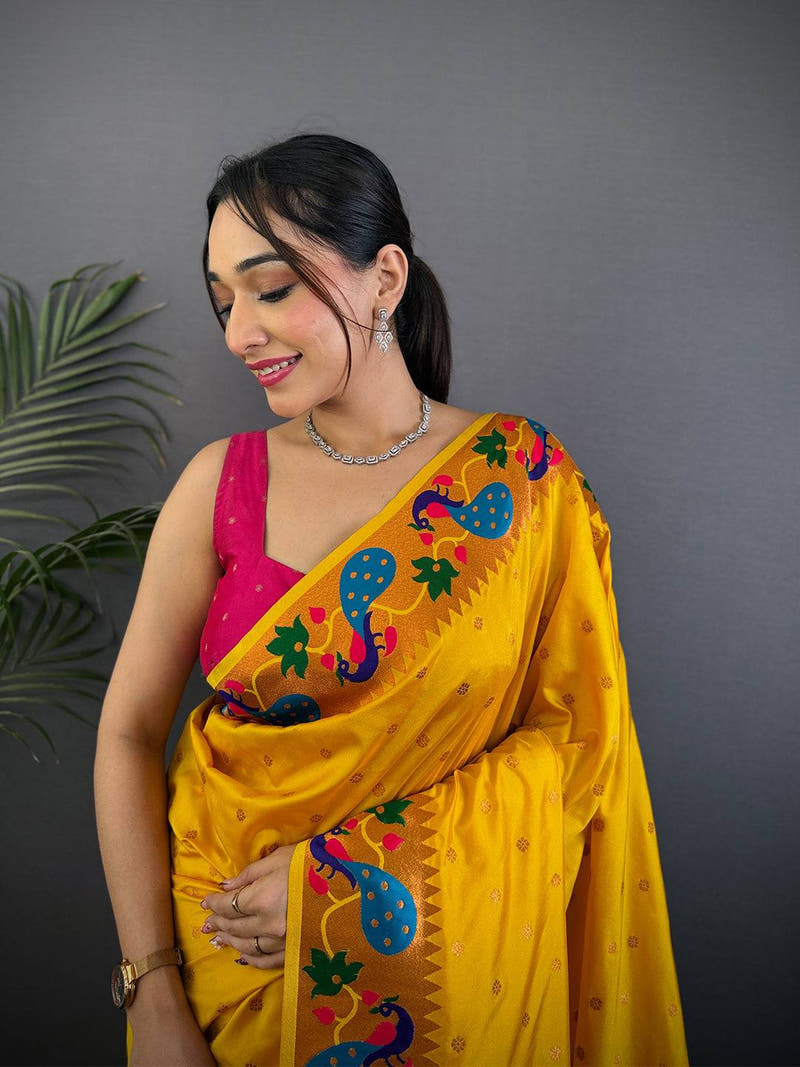 Mustard Yellow Yeola Paithani Soft Silk Saree