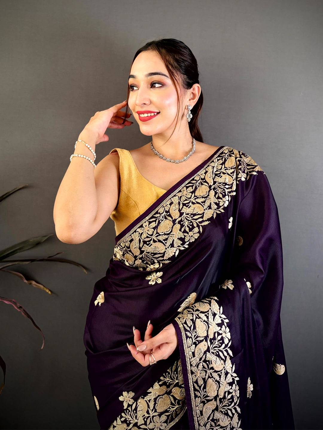 Purple Aari Bird Work Soft Satin Saree