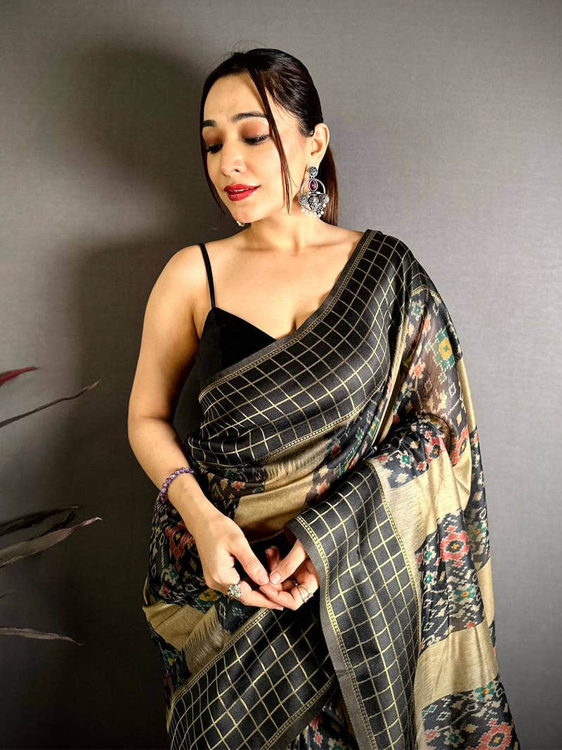 Stylish Black Soft Silk Zari Chex Saree