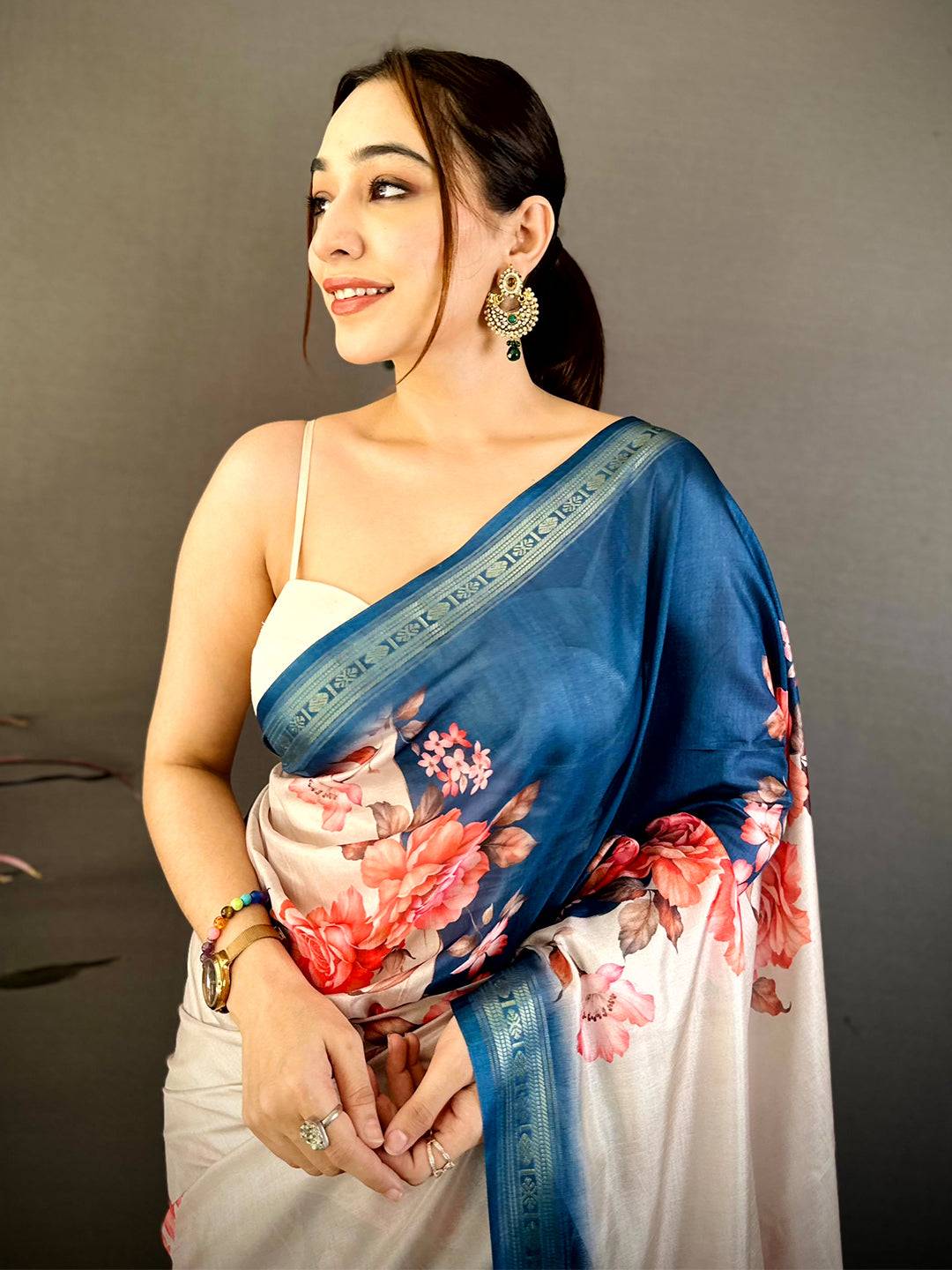 Blue Soft Silk Floral Lehriya Print Saree