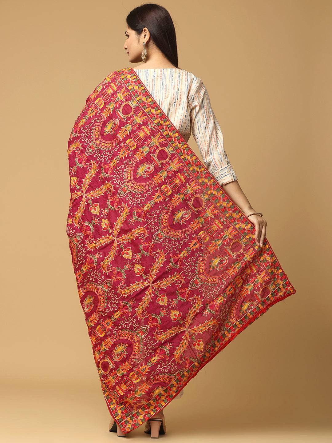 Wine Colour Poly Chiffon Pashmina Threadwork Dupatta