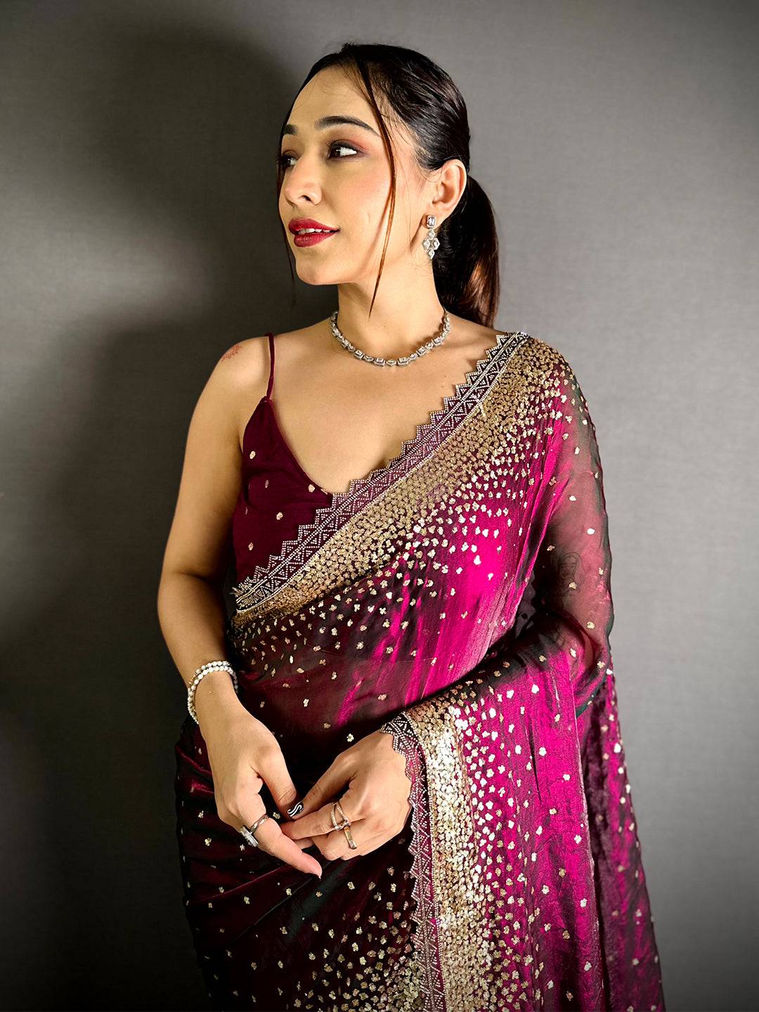Classic Golden Sequinne Work Silk Tissue Saree