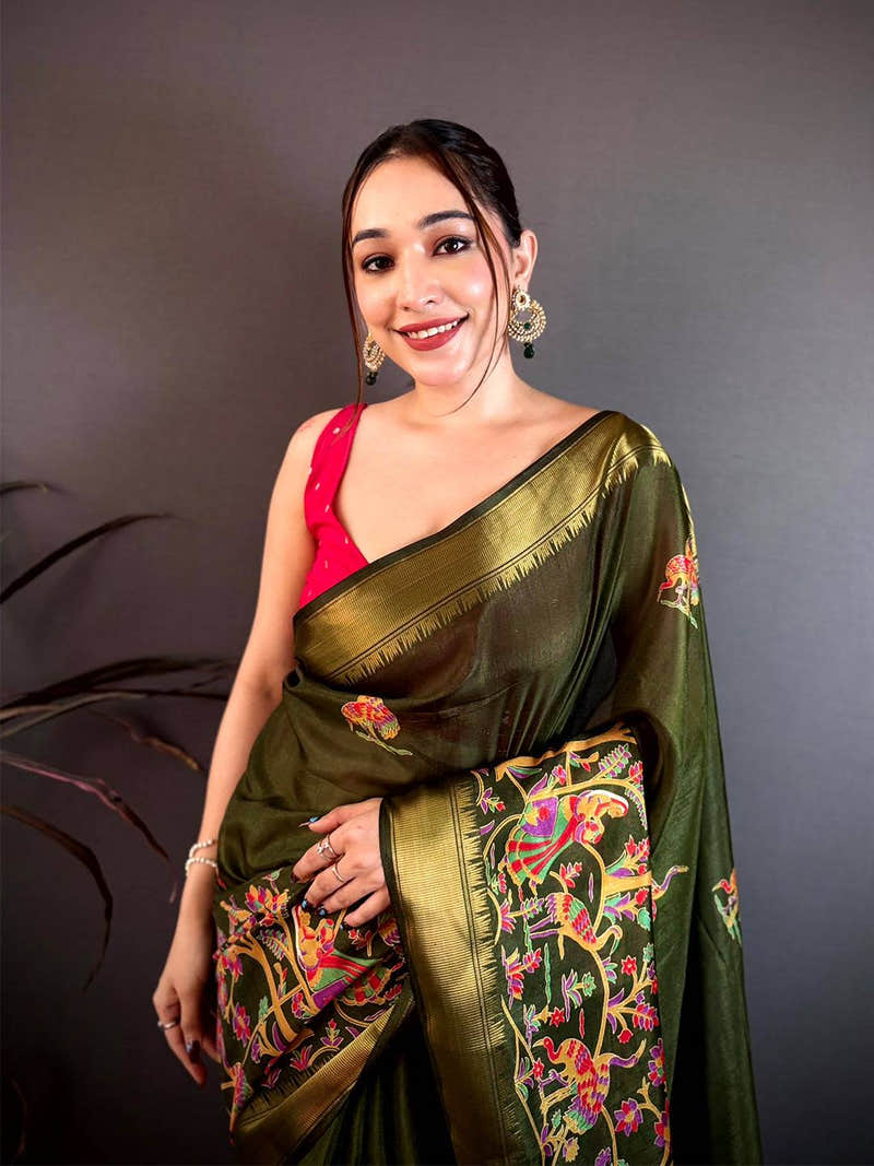 Dark Olive Shade Printed Dola Silk Saree