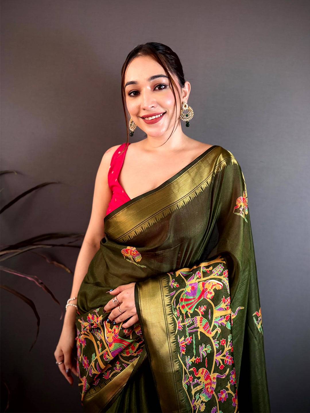 Dark Olive Shade Printed Dola Silk Saree