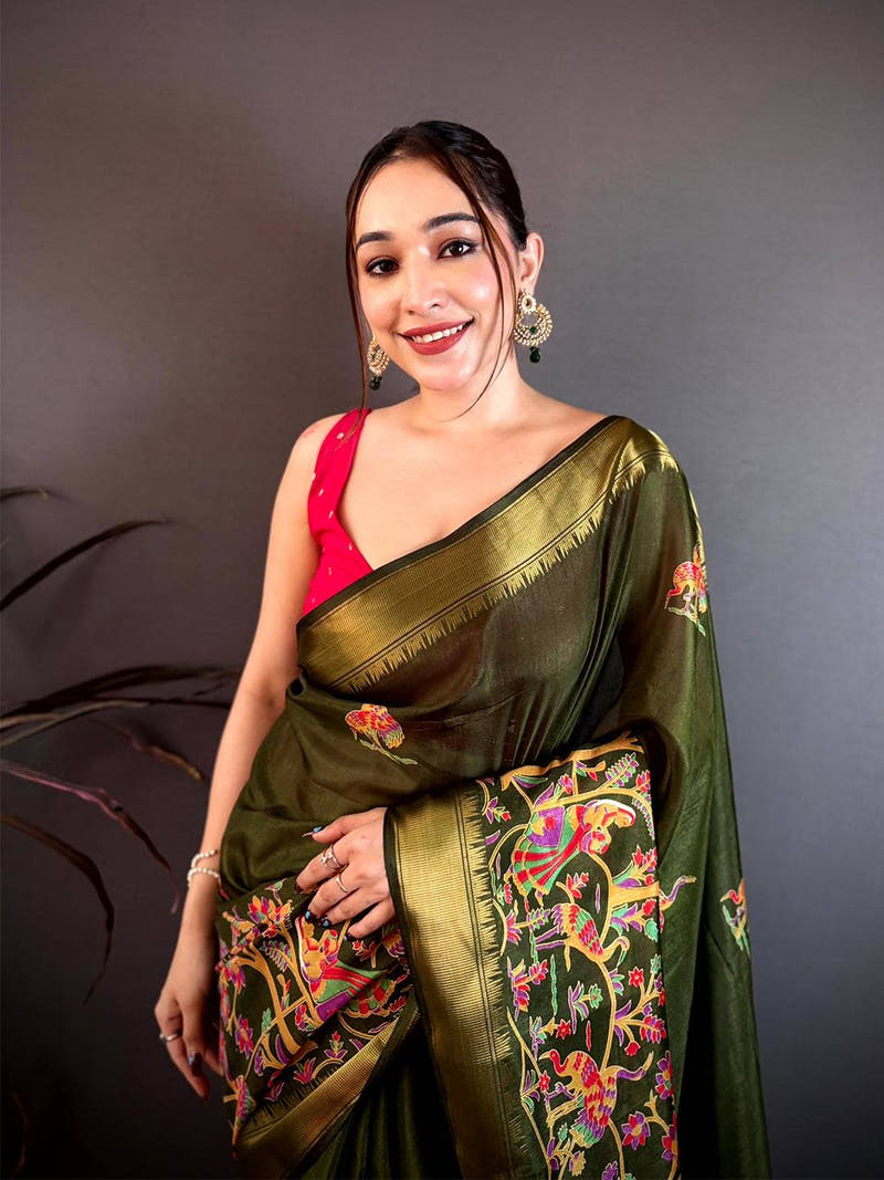 Dark Olive Shade Printed Dola Silk Saree