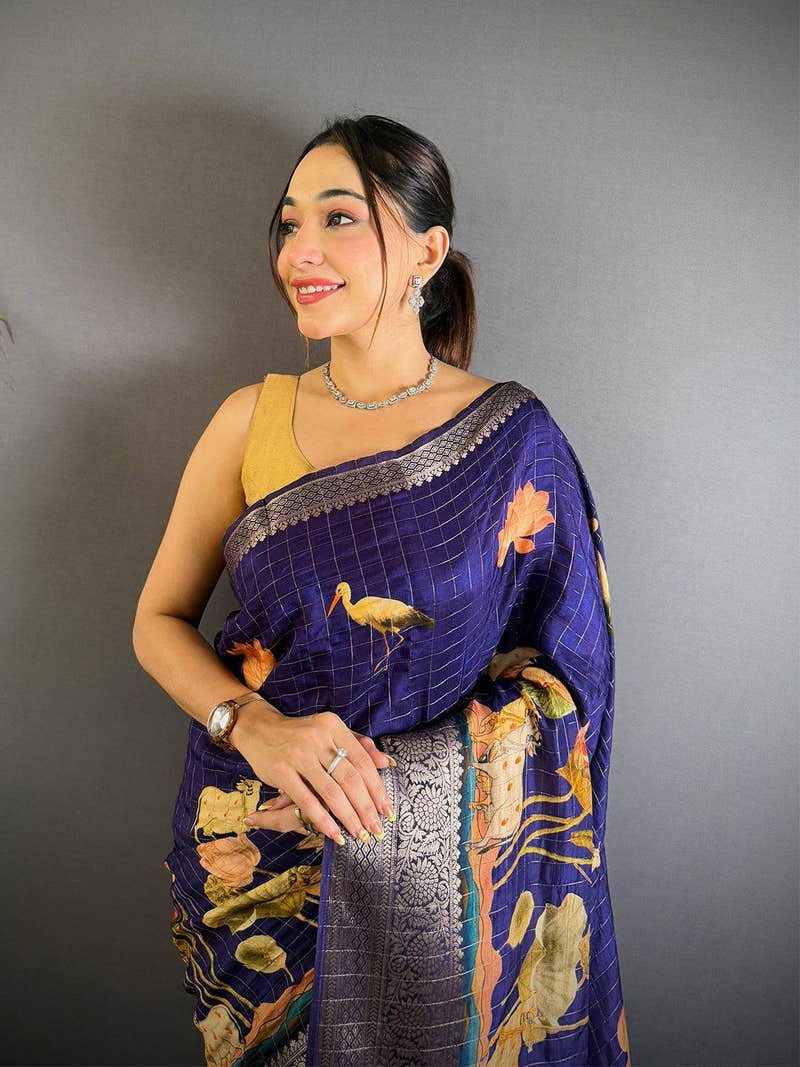 Elegant Navy Blue Viscose Kalamkari Saree