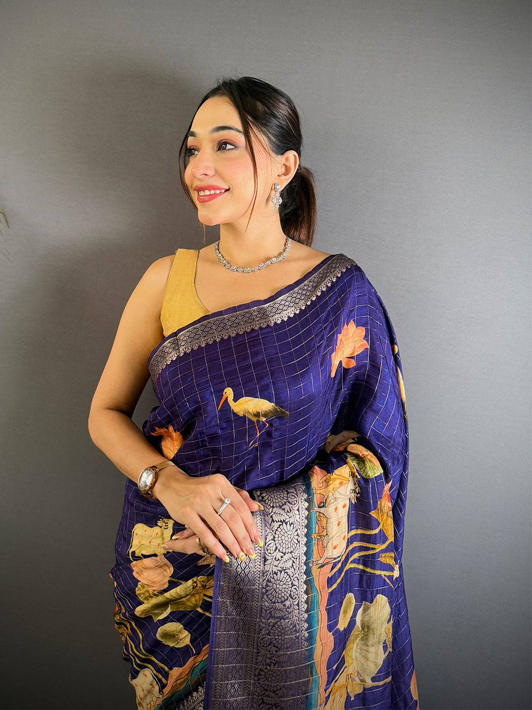 Elegant Navy Blue Viscose Kalamkari Saree